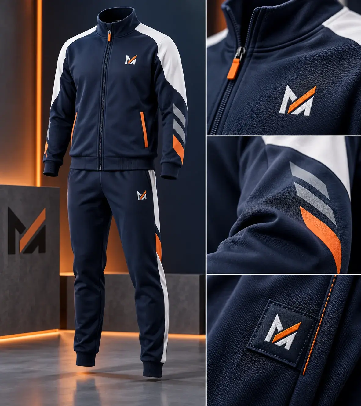  Navy custom tracksuit on a mannequin featuring embroidered Mega Apparel branding, orange accents, printed sleeve graphics, and close-up views of embroidery and garment label details.